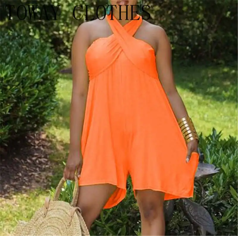 

Women Casual Solid Halter Criss Cross Sexy Sleeveless Loose Vacation Romper Crisscross Halter Backless Tied Detail Romper