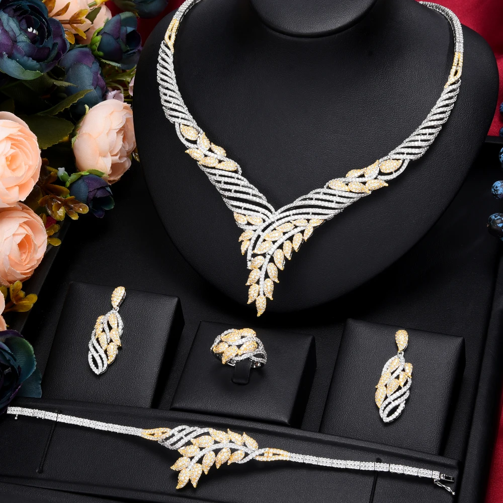 

Siscathy Leaf Charms Luxury Nigerian Jewelry Set For Women Wedding Cubic Zircon Dubai Bridal Necklace Earring Bangle Ring 4Pcs