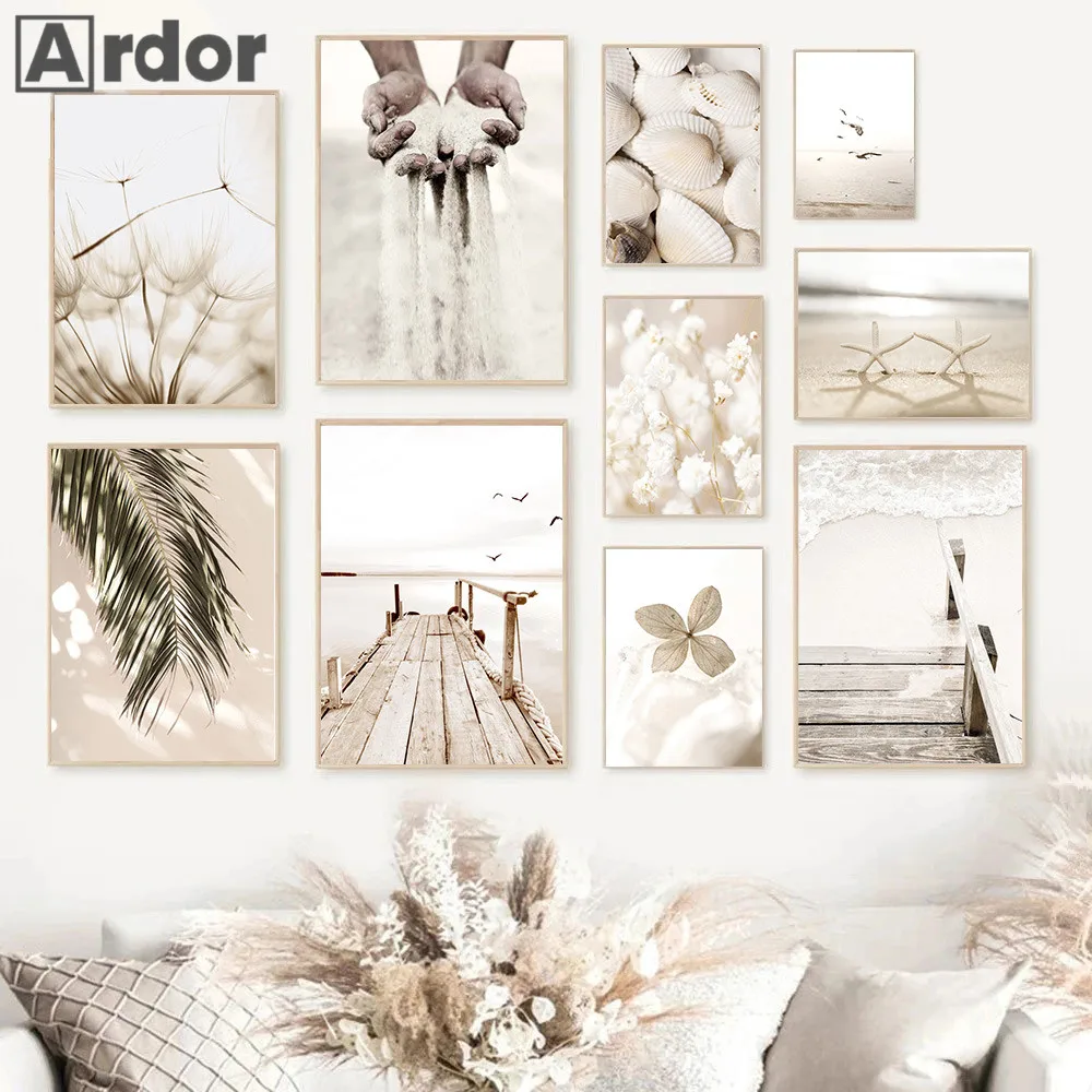 

Beige Flower Dandelion Leaf Bridge Poster Canvas Painting Seagull Starfish Shell Wall Art Print Nordic Picture Living Room Decor