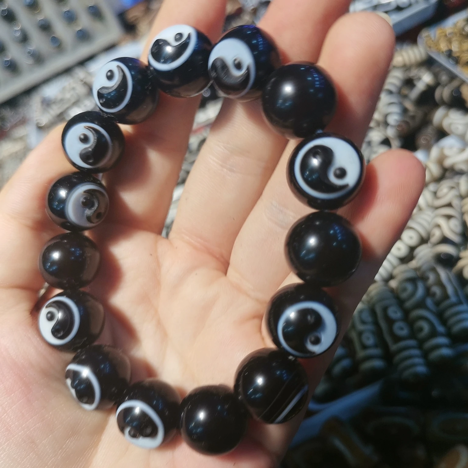 Natural Agate Dzi  Sheep Eye Plate Bead Bracelet Texture Yin Yang Bagua Totem Tibetan Retro Man Woman Jewelry