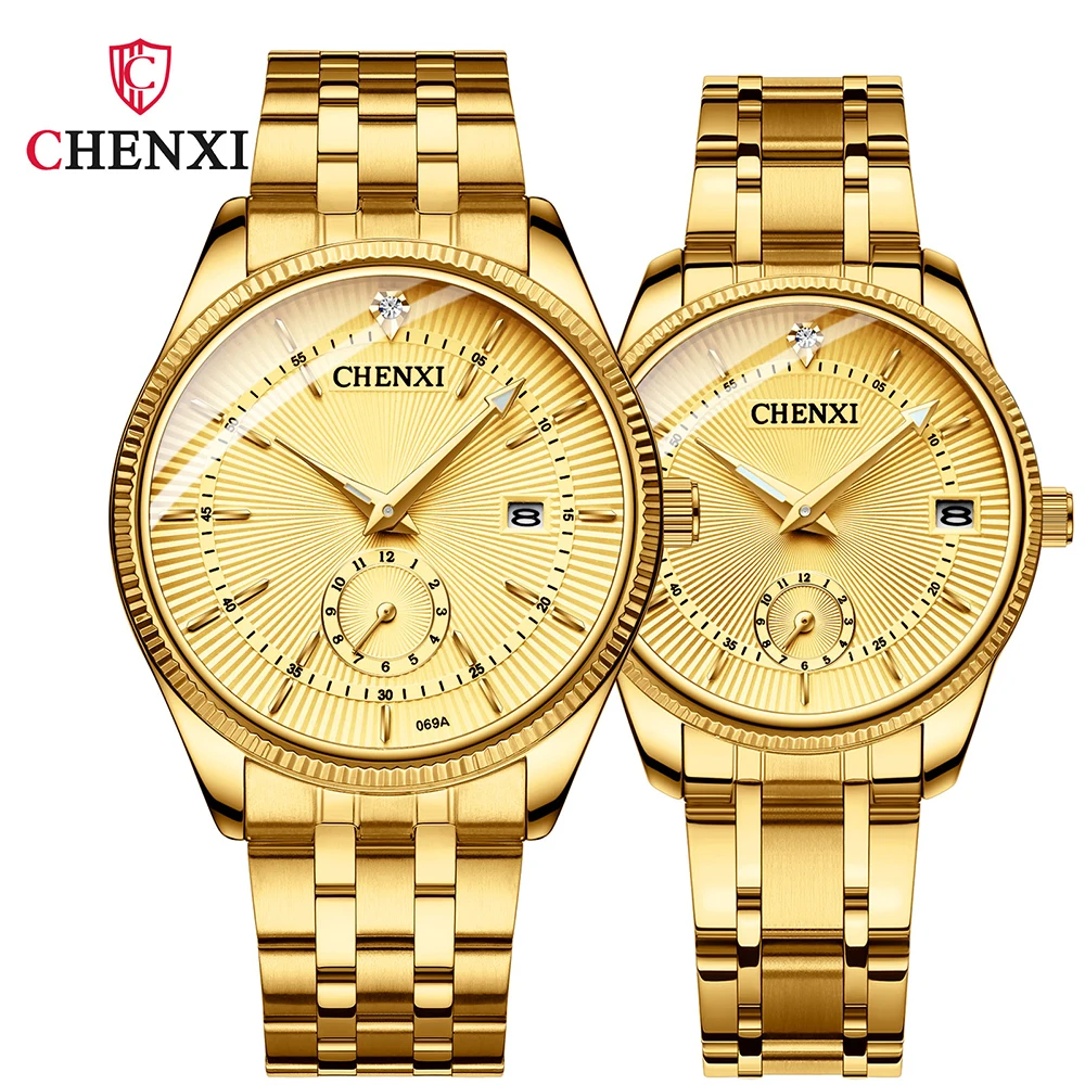 CHENXI Couple Wrist Watch Business Casual Stainless Steel Gold Watches For Women And Men Golden Watches Gift His Hers Watch Sets