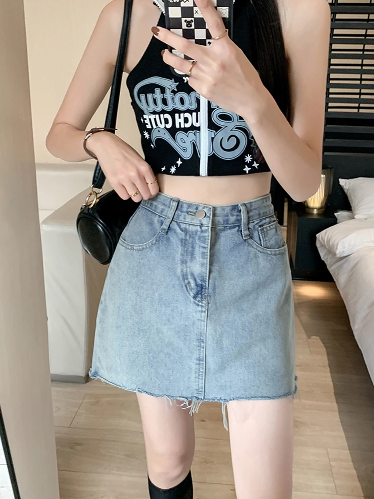 

Vintage Women High Waist Loose Raw Hem Frayed Mini Denim Skirt Streetwear Female Retro Loose Jeans Skirts Bottoms