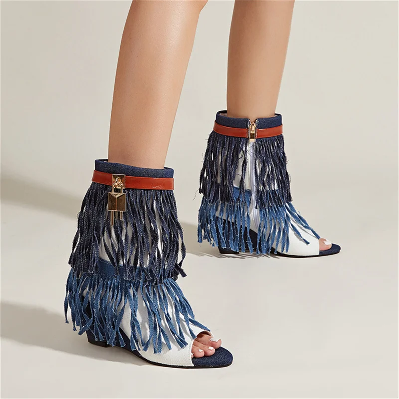 Women Boots Trend 2023 Spring Summer Fashion Tassels Fish Mouth Shoes Wedges Metal Lock Breathable Cool Denim Boots For Women