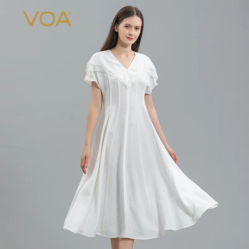 

VOA Jacquard Mulberry Silk Ivory White V-neck Yellow Thread-to-silk Craft Three-dimensional Decoration Fashion Silk Dress AE1397