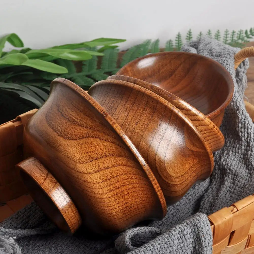

190/240/300/425/475ml Wooden Bowl Reusable Reverse Edge Round Thickened Anti-scalding High-footed Mongolia Style Rice Bowl Kitch