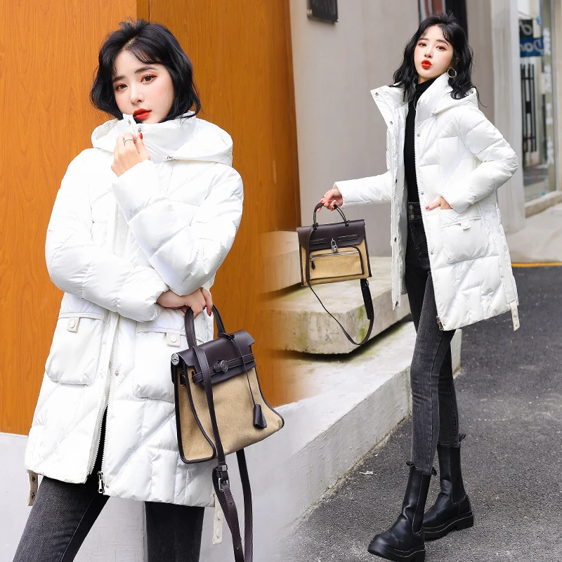 Fashion Women Jacket 2022 New Winter Parkas Female Glossy Down Cotton Jackets Hooded Casual Warm Parka Coat Female Outwear