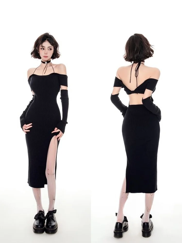

Gothic Korean Fashion Dresses 2022 Sexy Off Shoulder Long Sleeve Bandage Halter Dress Y2k Slim Waistless Mini Bodycon Vestido