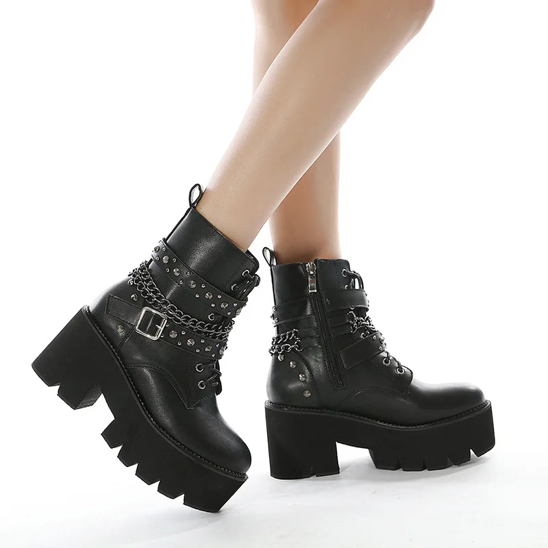 

Trendy British Style Winter Thick Bottom Lace Up Rivet Chain Zipper Women's High-heeled Boots Pump Motorcycle Boots Buty Damskie