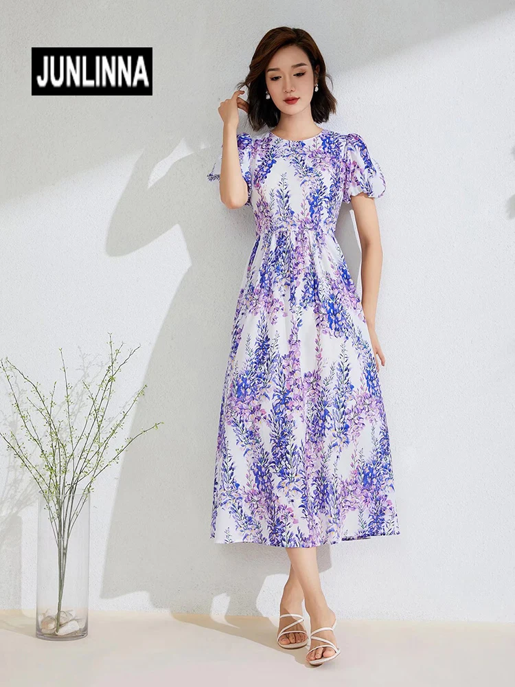 

JUNLINNA Fashion Flower Printed Dresses Women Summer New O-Neck Short Sleeve Beach Vacation Sliming Vestidos Street Expansion