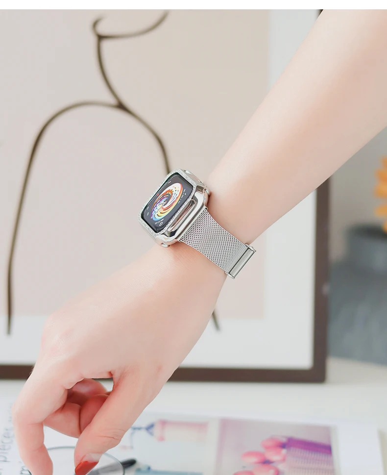 

Slim Bracelets+Diamond Case For Apple Watch Band SE 44mm 40mm Stainless Steel Metal Straps on Smart Seris 76543 42mm 38mm correa