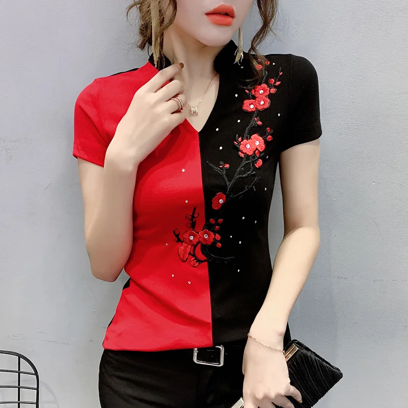 

#9415 Vintage T Shirt Women Summer Cotton Spliced Color Embroidery Flower Diamonds Sexy Skinny T Shirt Femme Short Sleeve Tee