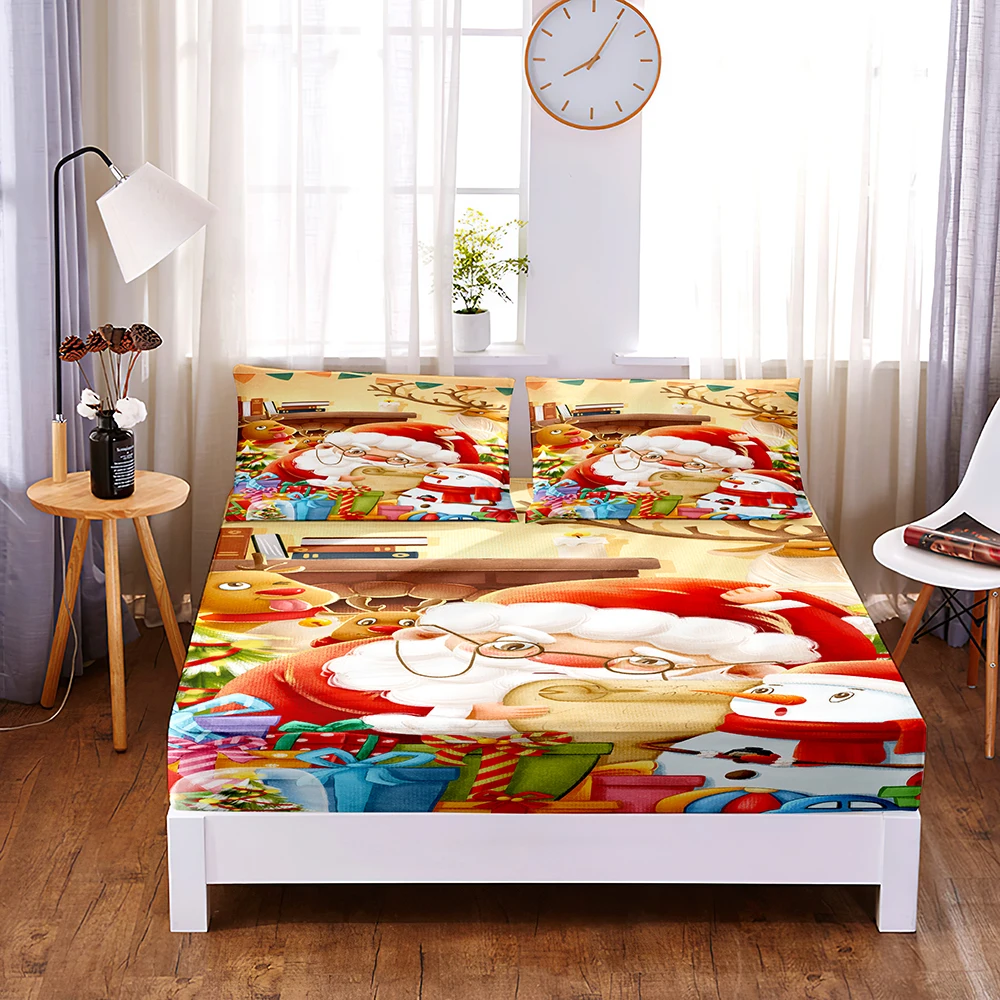 

Santa Claus Digital Printed 3pc Polyester Fitted Sheet Mattress Cover Four Corners with Elastic Band Bed Sheet Pillowcase