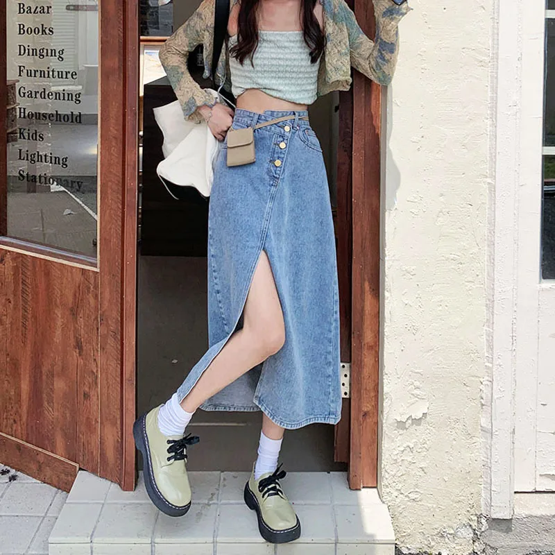

Summer Side Slit Irregular A Line Denim Skirts Women High Waist Fashion Slim Button Pocket Streetwear Jean Skirt New Denim Skirt