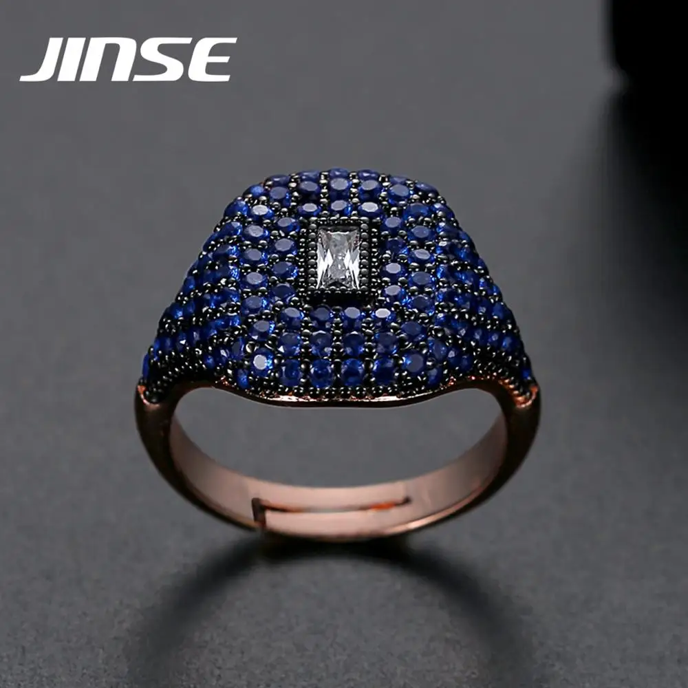 JINSE Punk Blue Cubic Zirconia Iced Ring Hip Hop Colorful Gold Stone  Ring For Men Women Rose Gold Adjustable Ring Jewelry