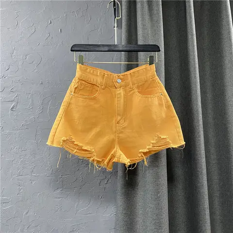 Summer New Style Wide Leg Pants Candy Color Ripped Denim Shorts Female High Waist Green A-line Women Jeans Hot Shorts Pants