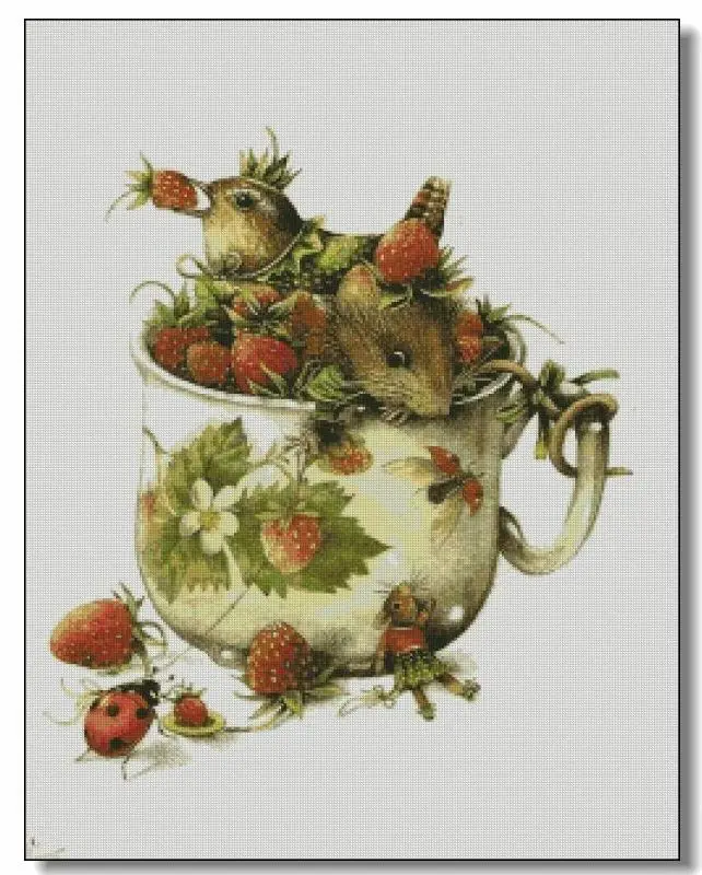 

Little Mouse in Strawberry Cup 55-68 embroidery kits, cross stitch kits,cotton frabric DIY homefun embroidery