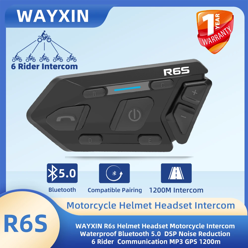 WAYXIN R6s Motorcycle Helmet Headset Intercom Waterproof Bluetooth 5.0 DSP Noise Reduction 6 Rider Communication MP3 GPS 1200m