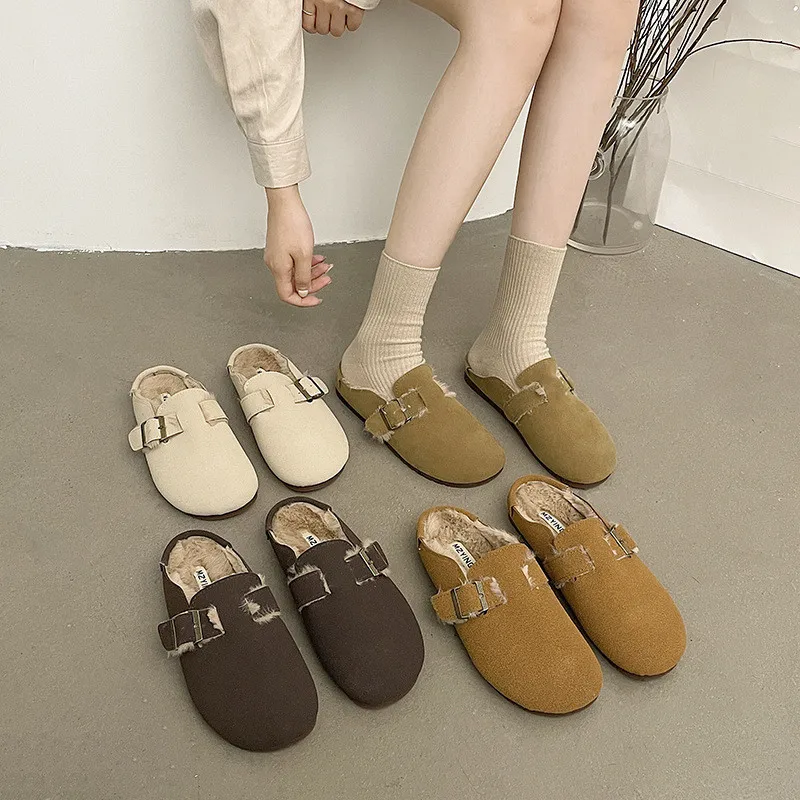 

Женские босоножки с закрытым носком, новинка 2022, женские мягкие босоножки на низком каблуке для девочек, модные бархатные простые Шлепанцы ...