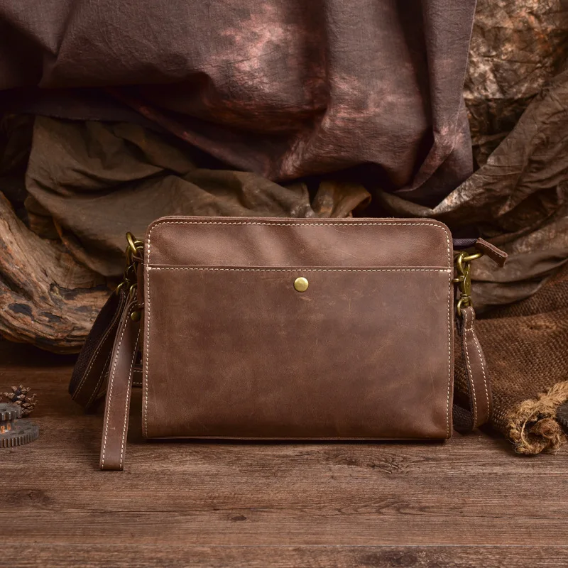 

AETOO Retro handmade men's bag head layer Crazy Horse leather men's clutch bag zipper bag cowhide business leather one-shoulder