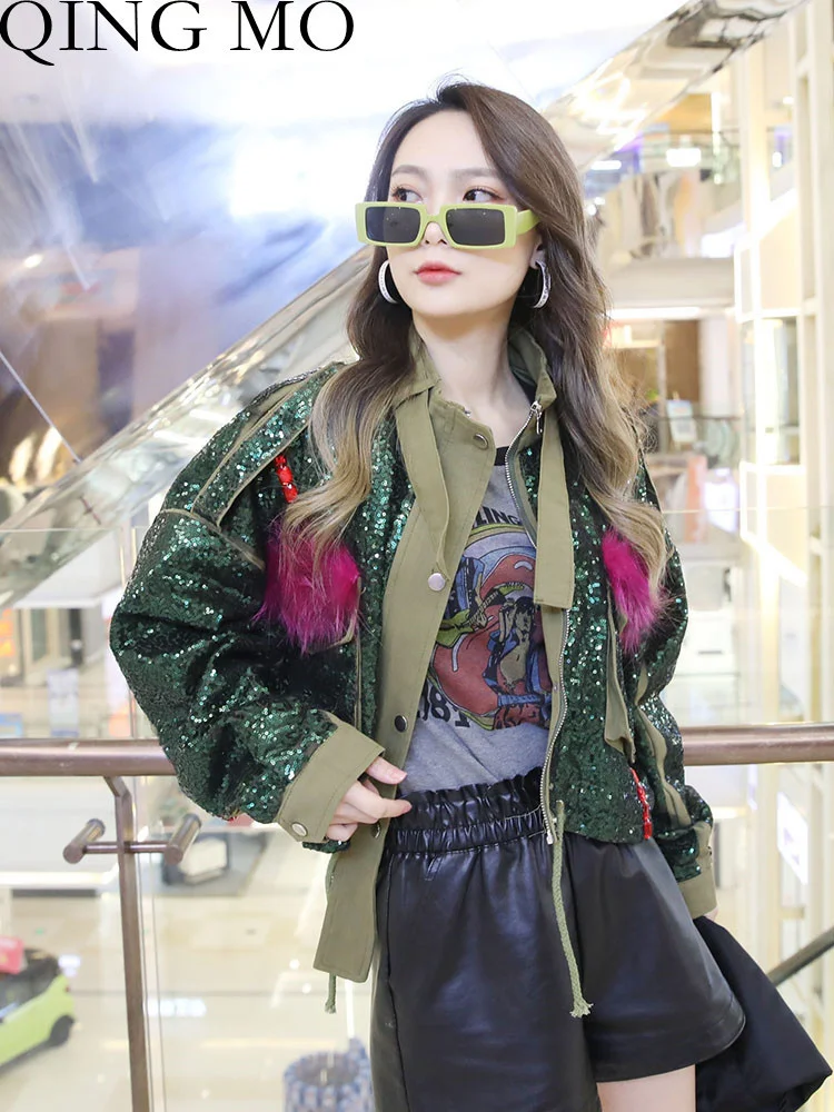 

QING MO 2023 Spring Autumn New Workwear Coat Women Short Small Sequin Top Sequin Beaded Jacket Trend Style Cardigan Coat ZXF1455