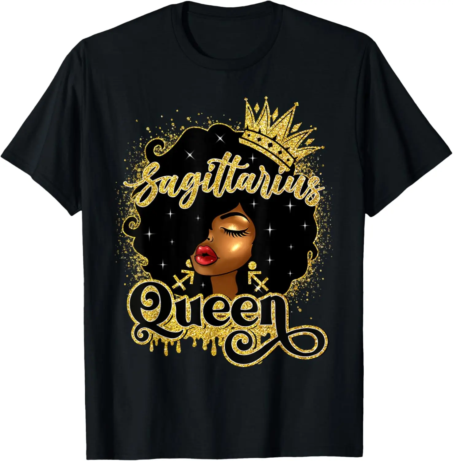 Черная женская футболка с афро-природными волосами и королевой Стрельца на день