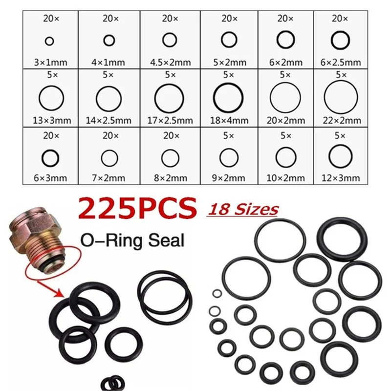 

225Pcs Rubber O Ring Washer Seals Watertightness 18 Size with Plactic Box Kit Set Car Oil Sealing Dustproof Seal Accessories