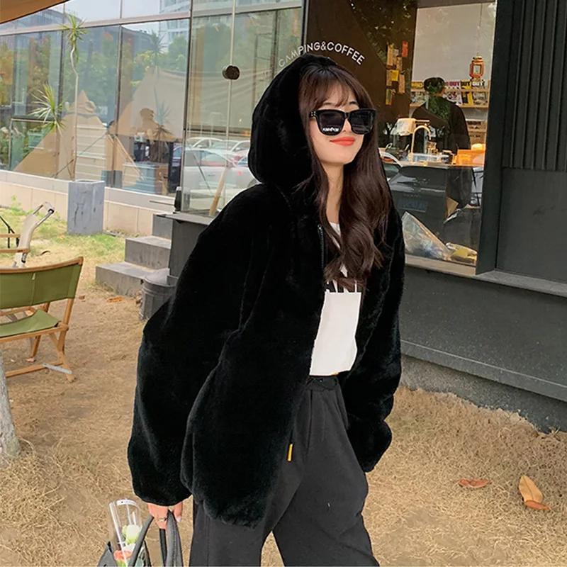 2022 New Women's Winter Coats Casual Fashion Loose Korean Version S-4XL Faux Fur Coat Furry Thickened Warm Hooded Jacket Female