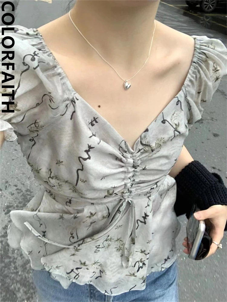 Colorfaith BL2366 Новинка 2023 Цветочные Сексуальные корейские модные рубашки с пышными