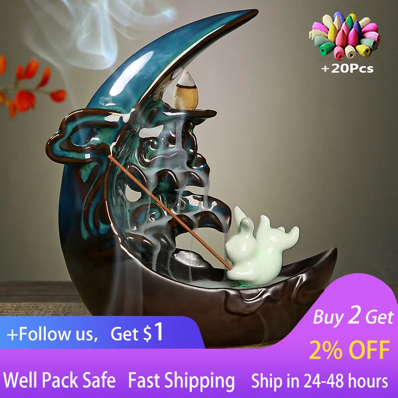 

With 20Pcs Cones blue backflow incense burner LED light moon ceramic rabbit ornaments creative home indoor incense burner