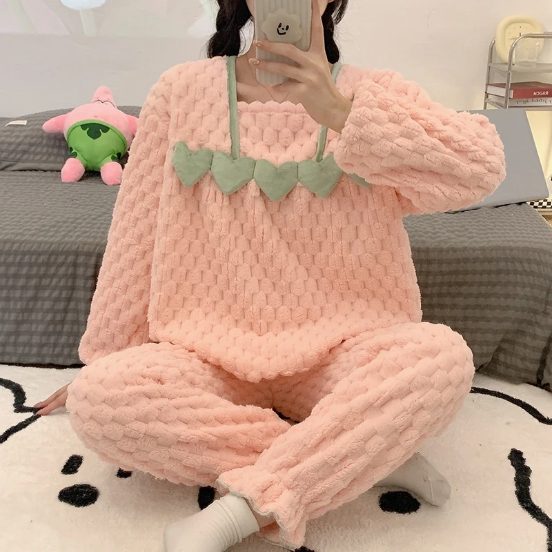 

Новая Пижама женская зимняя Коралловая флисовая плюшевая утепленная Корейская версия симпатичный мультяшный пуловер удобный комплект дом...