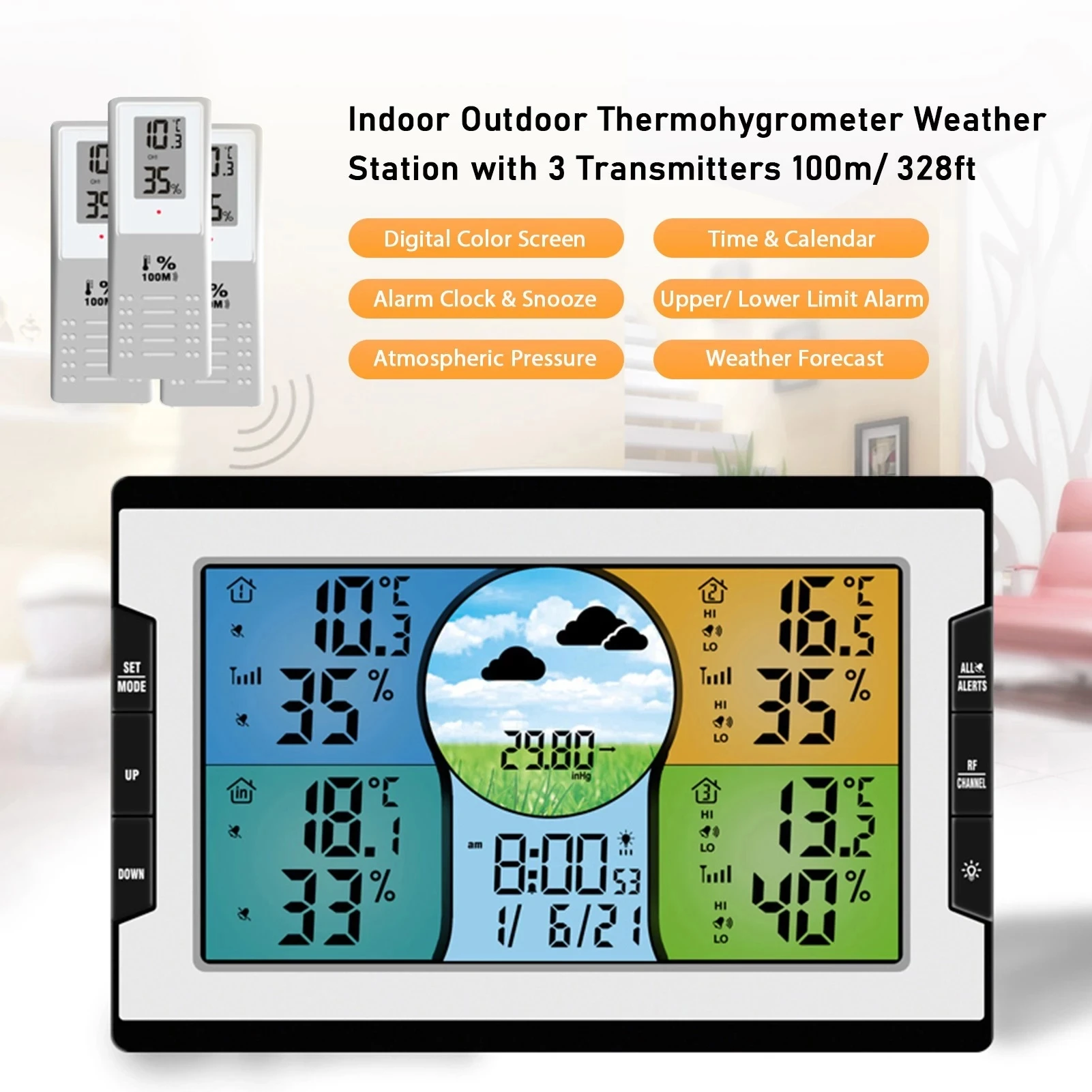 

Digital Weather Station Indoor Outdoor Thermometer Hygrometer Temperature Humidity Monitor with 3 Remote Sensor Clock for Home