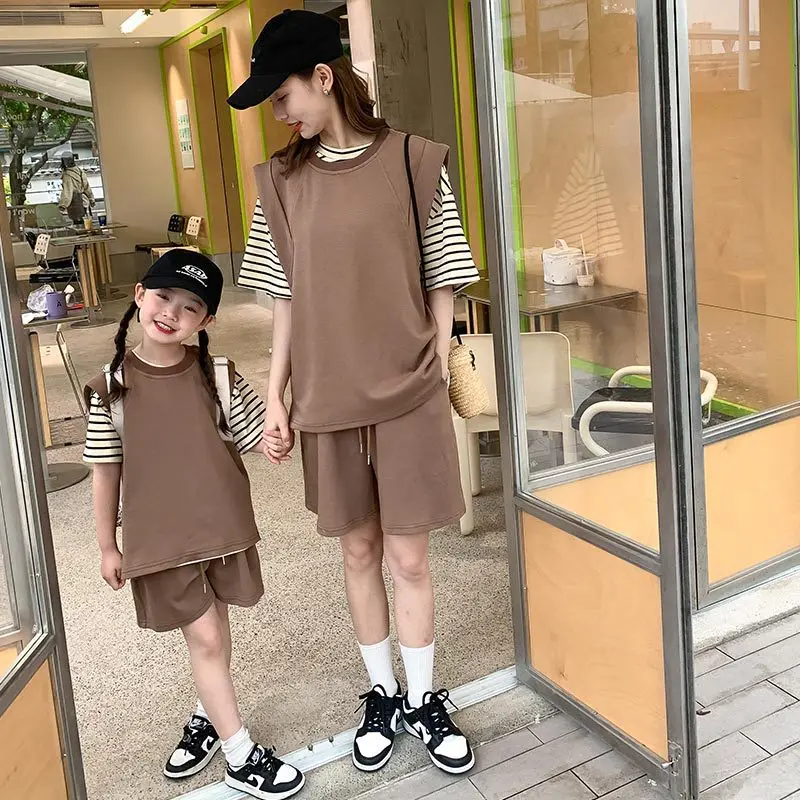 

Mom Son Matching Clothing Mother and Daughter T Shirt+vest+shorts Outfit Fashion Women 3pcs Set Summer Kids Clothes Sets 3 Piece