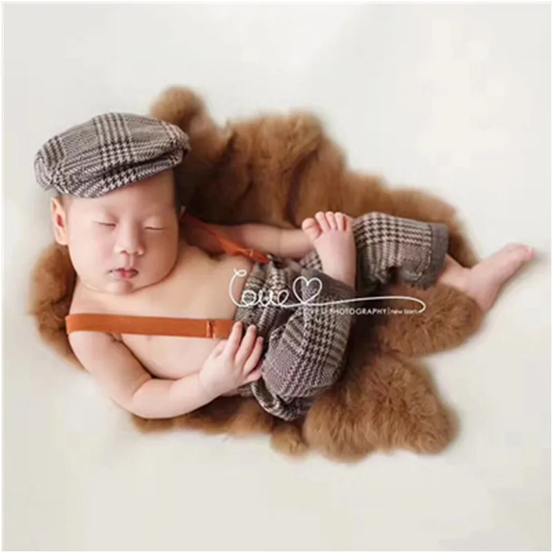 Newborn Photography Costume Babys Photographic Plaid Gentry Hat+Suspender Pants Suit  Studio Male Baby Photo Props Accessories