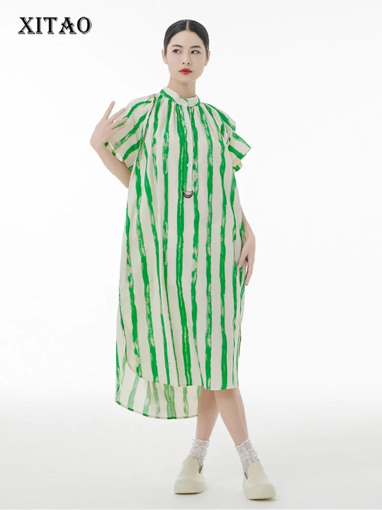 

XITAO Fashion Striped Dress Loose Contrast Color Casual Simplicity Stand Collar Print Pullover Shirt Dress Summer Women ZY7167