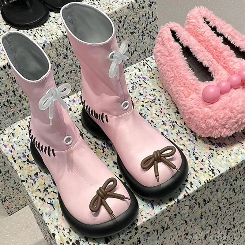 

Ботинки нишевые милые крутые на толстой подошве с бантом, модные ботинки с тонким ремешком, весна-осень, индивидуальный дизайн, ажурные ботинки с рукавами