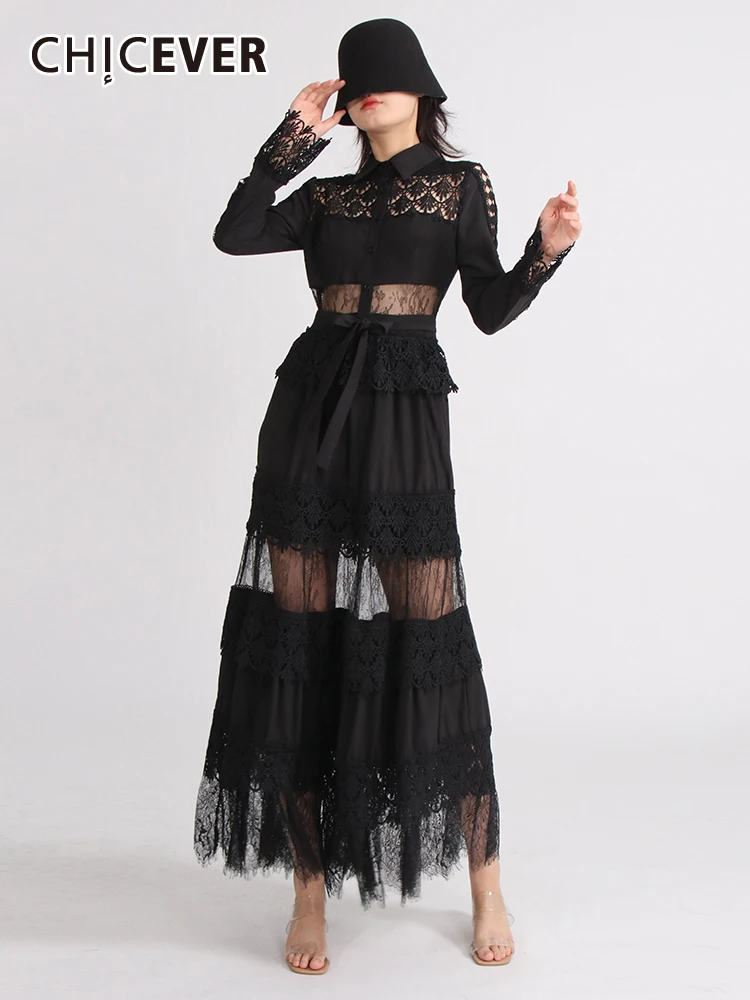 

CHICEVER hollow out Spliced Mesh Dresses For Women Lapel Long Sleeve High Waist Patchwork lace up solid Elegant Dress Female new