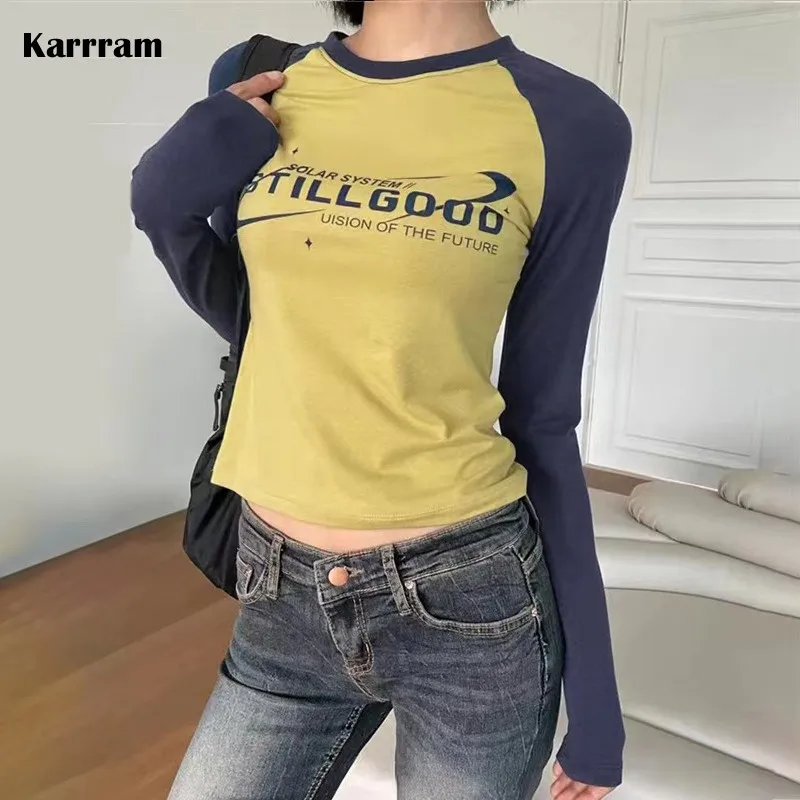 

Karrram Grunge Letter Print T-shirt Korean Fashion Ribbed Tshirt Vintage 90s Patchwork Tee Shirt Japanese Harajuku Streetwear