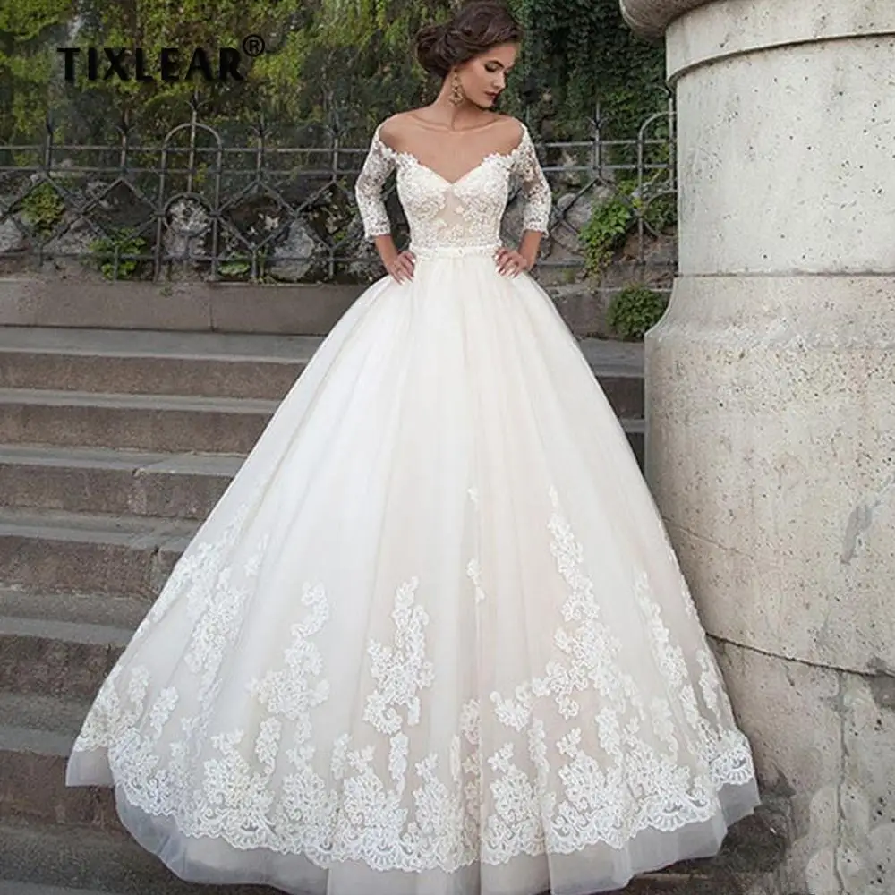 

Роскошное бальное платье принцессы TIXLEAR, Тюлевое свадебное платье с длинными рукавами, открытыми плечами, V-образным вырезом и открытой спиной, кружевное женское