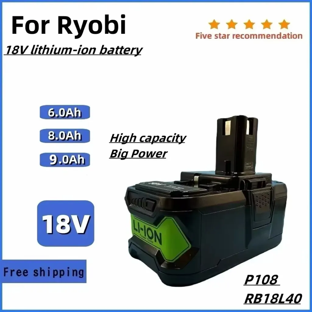 Фото Литий-ионная аккумуляторная батарея 8,0/6,0 Ач 18 В для Ryobi ONE + P108 P107 P122 P104 P105 P102 P103 P109 RB18L25 RB18L40 Аккумуляторные дрели №1