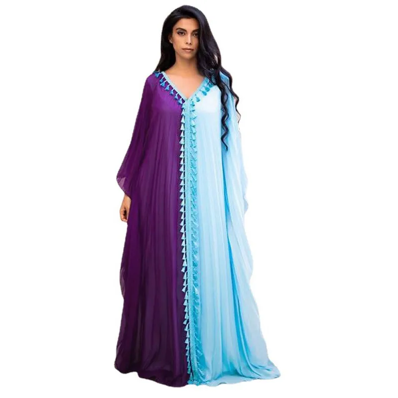 Big Size Fringe Muslim Dress Loose Ladies Loose Ankara Robes Solid Fashion Chiffon Long Dress 2022 Summer New Femme Vestidos