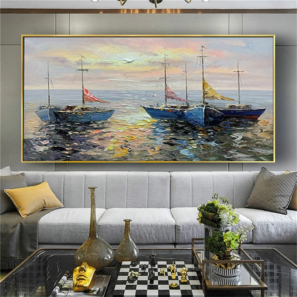 

Абстрактный нож, Морская Лодка, пейзаж, картина маслом ручной работы на холсте, большие размеры, настенные картины, декор для гостиной, крыль...