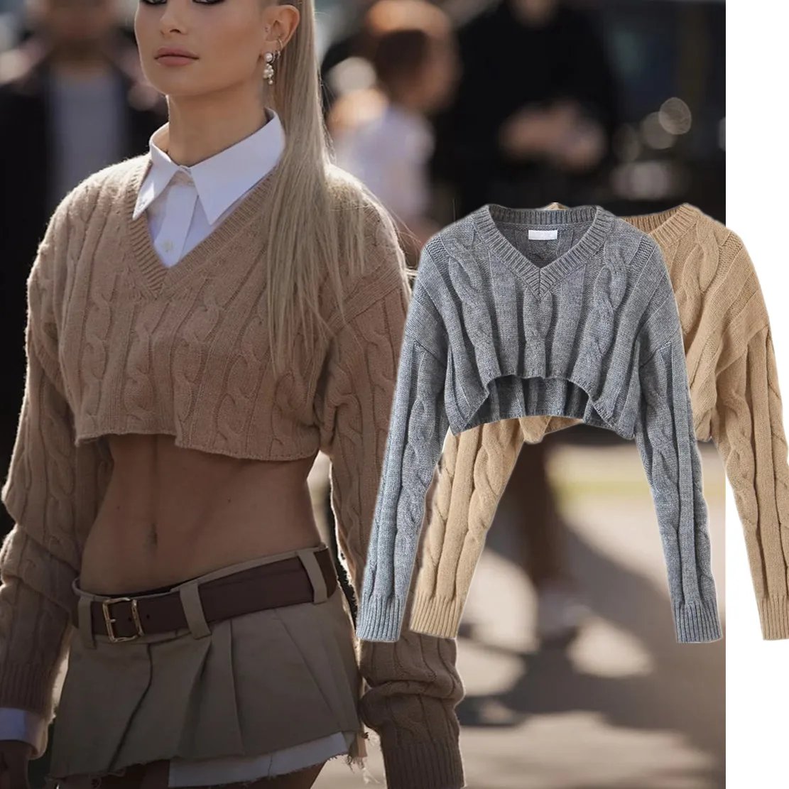 

Maxdutti Ins Blogger Vintage Twist Flower Sweaters High Street V-neck Short Sweaters Women Pullovers Tops