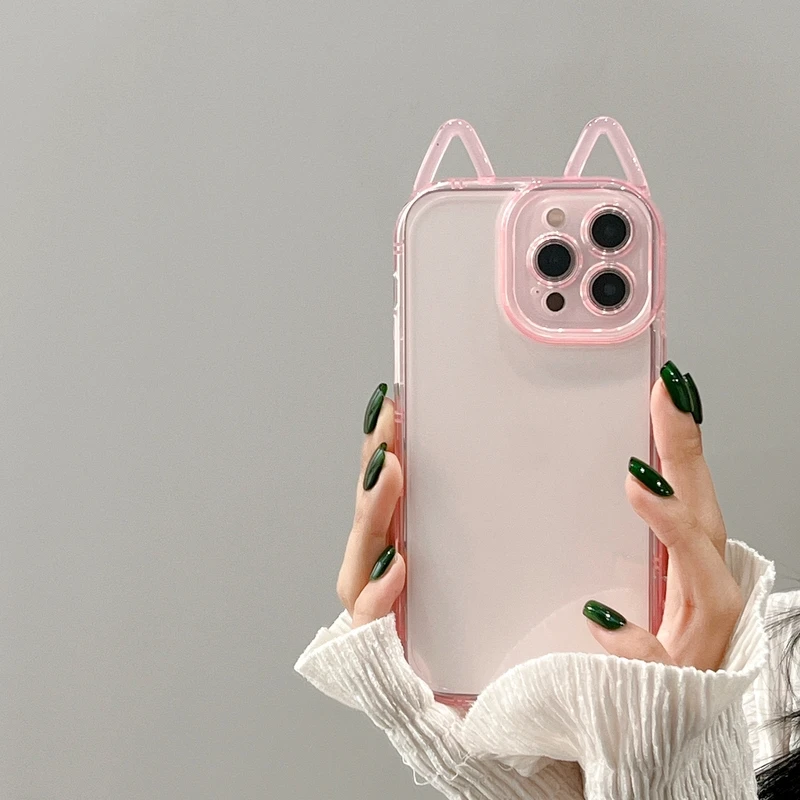 

Candy Color Cute Cartoon Cat Ear Transparent Phone Case For iPhone 13 Pro Max 11 12 Pro Xs Max X Xr Shockproof TPU Soft Cover