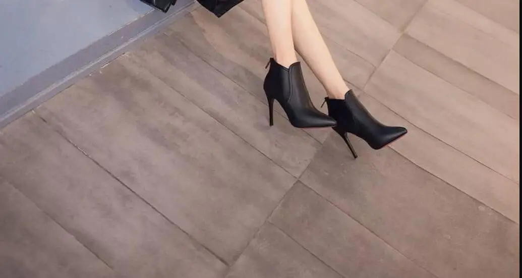 New Women Boots Ankle PU Leather Boots High Heels Autumn Shoes Black Winter Boots Fine with high heels Pointed Toe Shoes Large