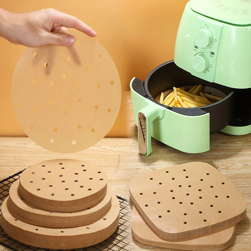 

100 шт. прокладки для фритюрницы, перфорированная бумага из древесной целлюлозы, антипригарная Паровая корзина ковер, одноразовый Бумажный л...