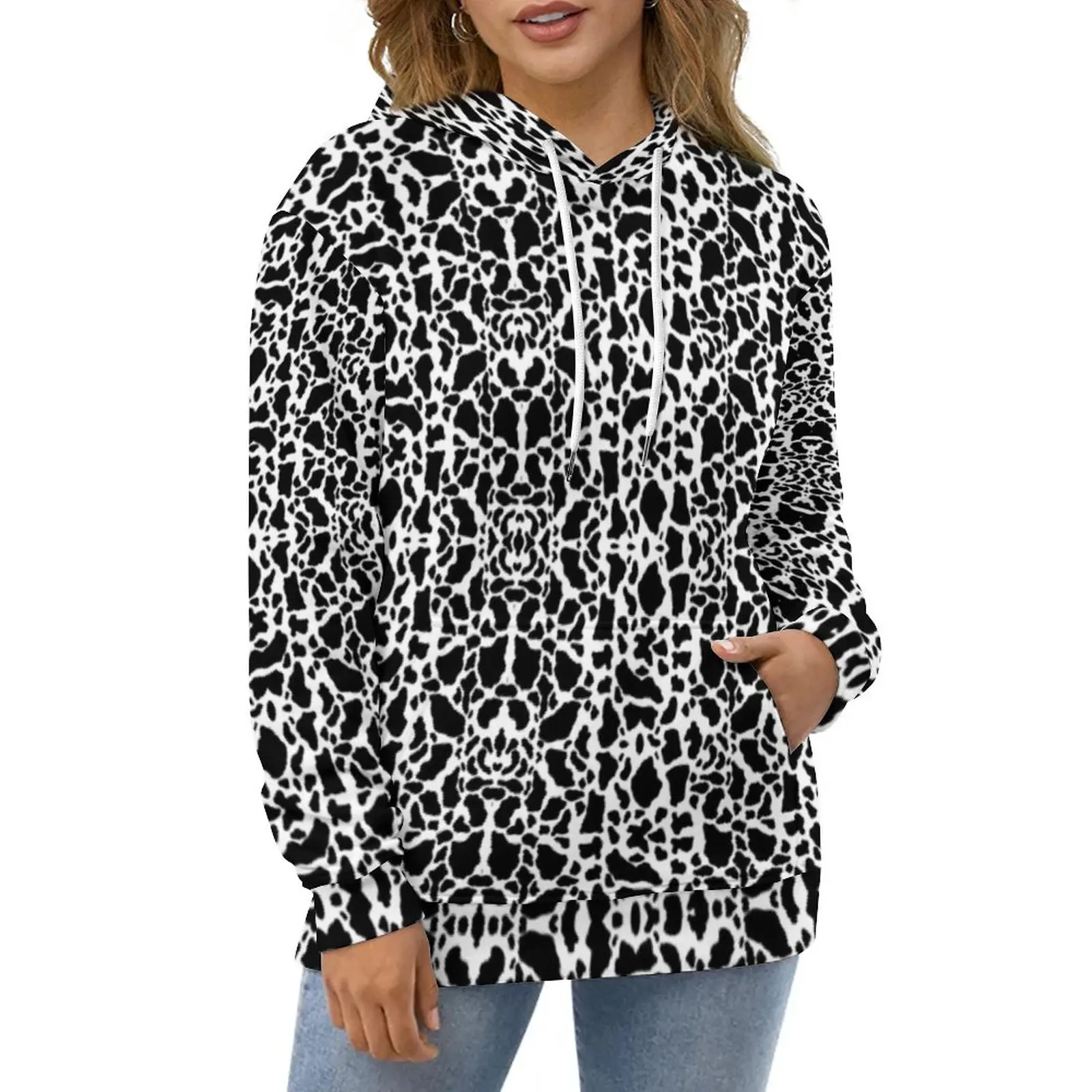 

Abstract Cow Hoodies Black Spots Print Street Fashion Oversized Hoodie Long Sleeve Aesthetic Custom Casual Hooded Sweatshirts