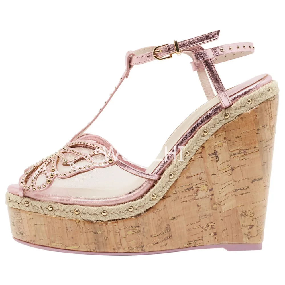 Mesh Crystal Butterfly Hollow Design Wedge Sandals Women Platform Wood Grain Heels Slingback Buckle Peep Toe White Pink Shoes