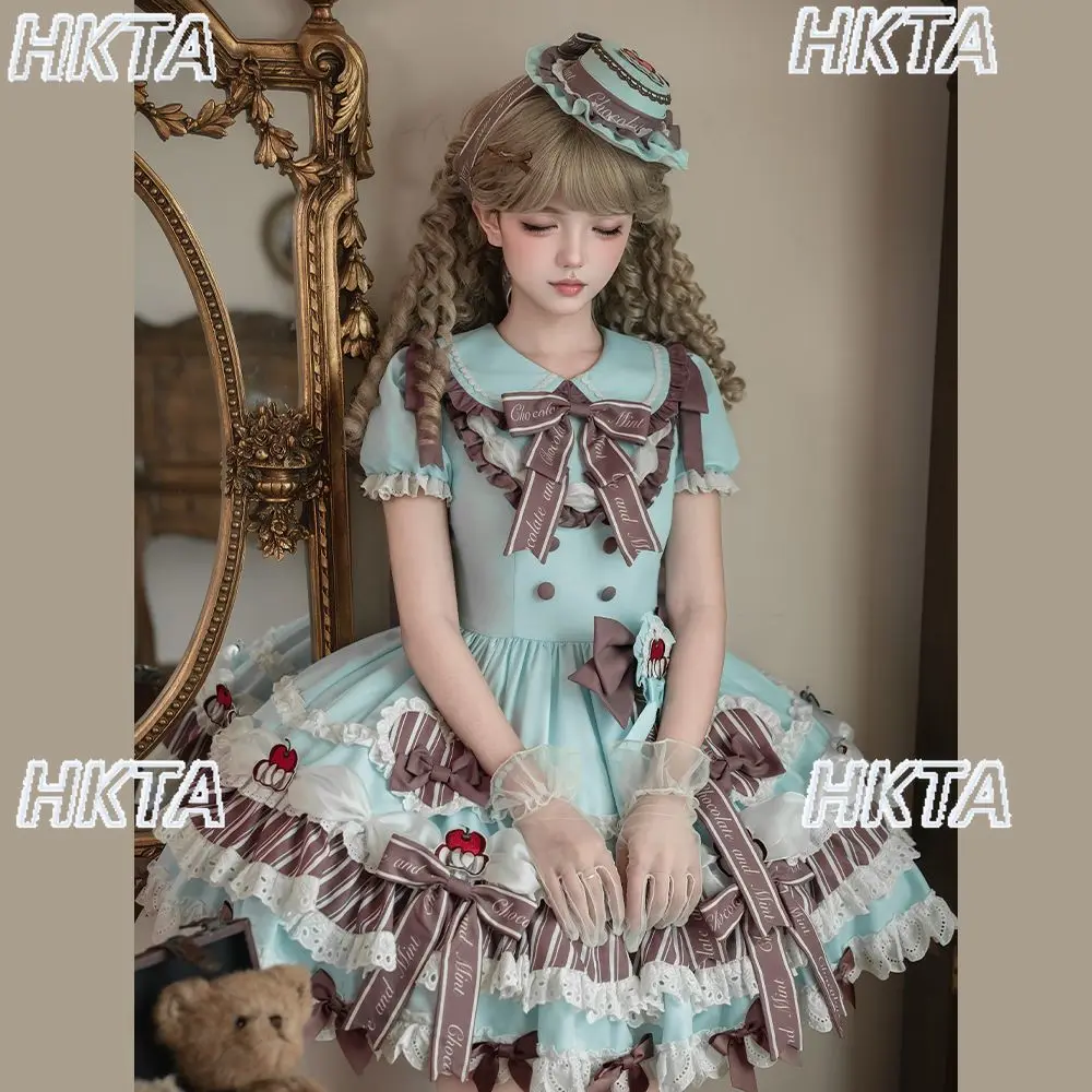 Фото Японское платье Лолита с коротким рукавом, воротником-куклой, вышивкой, кружевом и бантом, многослойное, в стиле принцессы, для косплея, женское №1