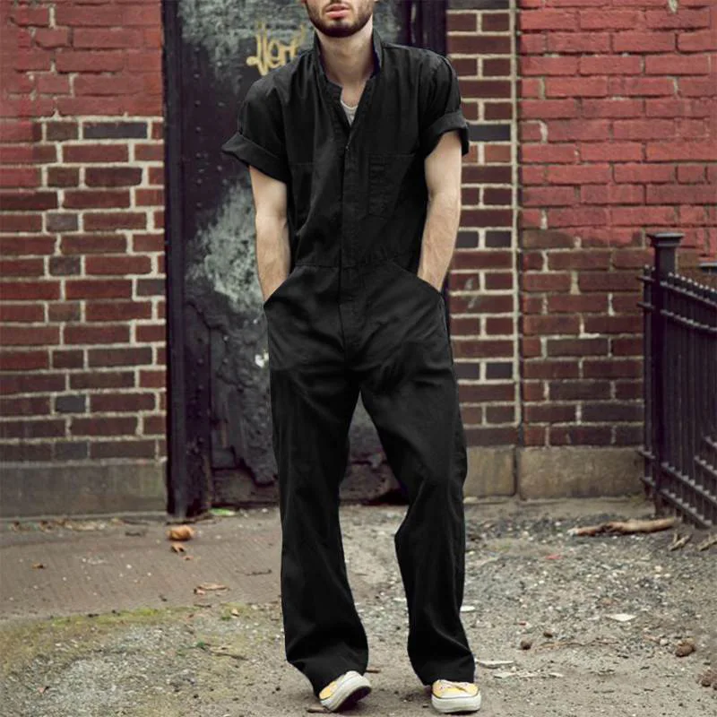 

Mens Multi Pocket Design Cargo Pants Lapel Loose Fit Solid Casual Jumpsuit for Men