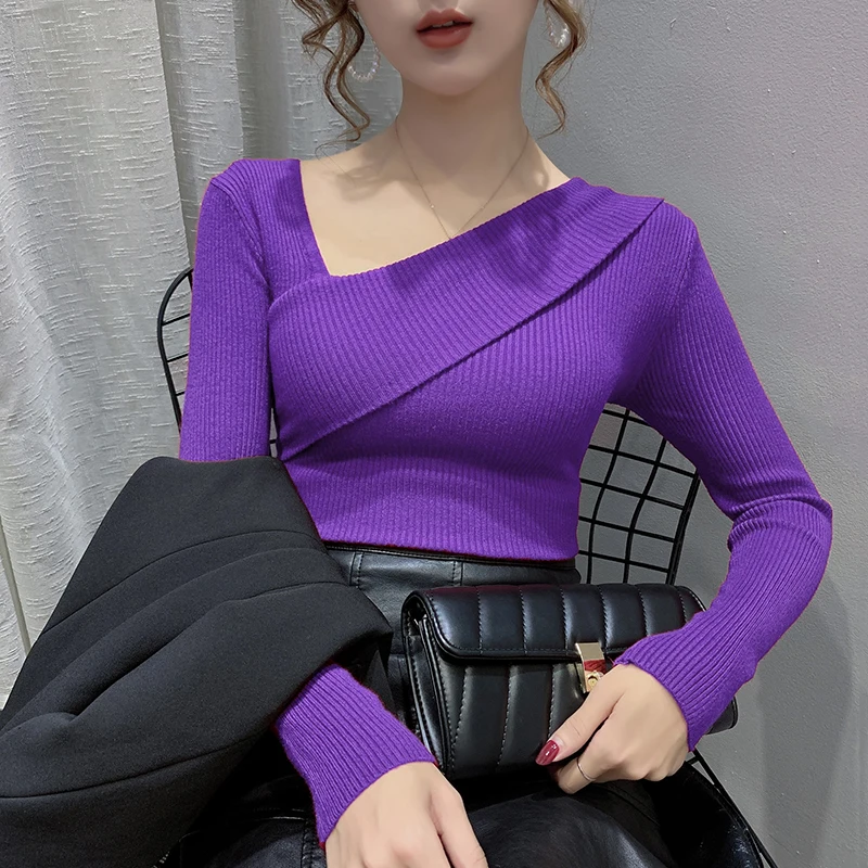 

Ladies Fashion Tops 2022 Women Asymmetrical Skew Collar Pullover Sweater Casual Woman Clothes Female OL Girls Cute Sweaters